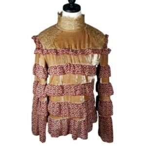 POL Tiered Ruffle Velvet Lace Blouse Top Romantic Goth Boho Mockneck Whimsical S